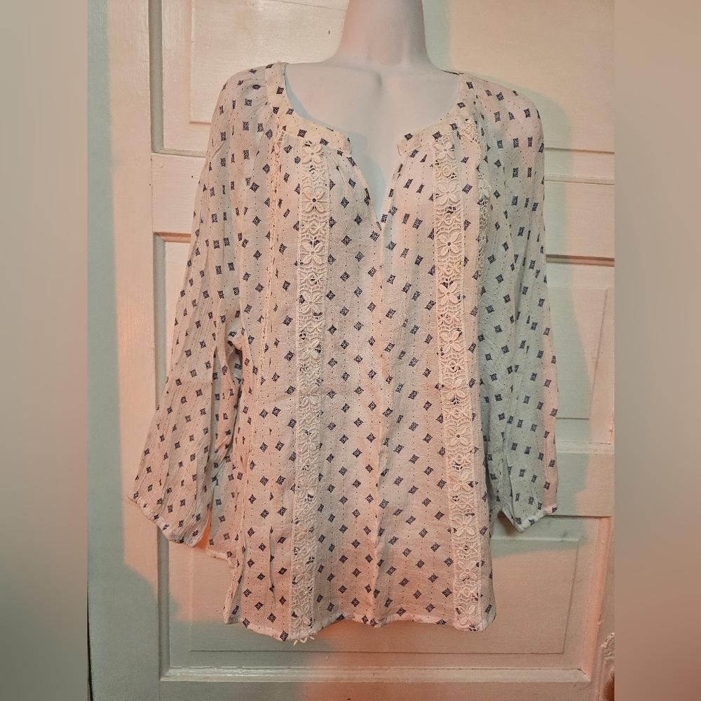 Bohemian Style White Blouse with Blue Diamonds
